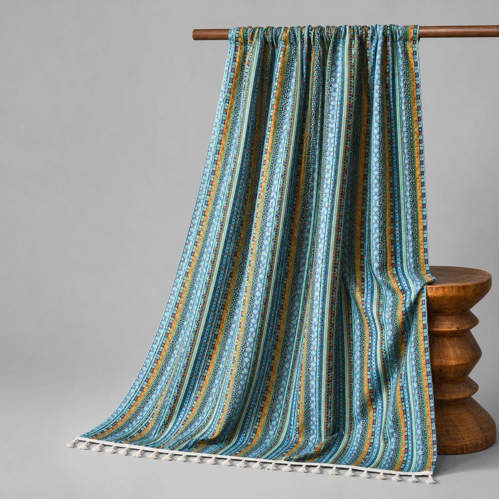 Boho Curtains Semi Blackout, Striped Tassel Curtain Panel for Living Room & Bedroom, saffron-teal finish