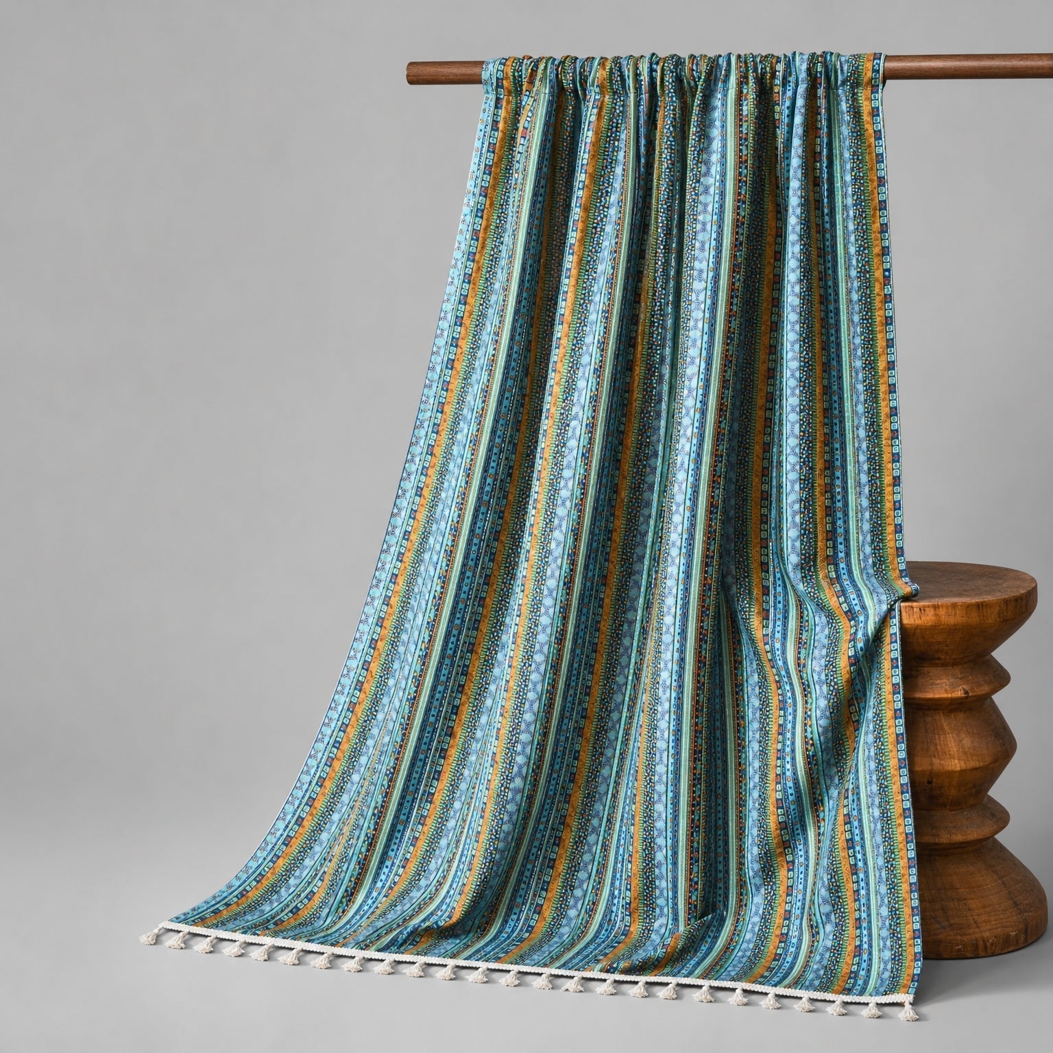 Boho Curtains Semi Blackout, Striped Tassel Curtain Panel for Living Room & Bedroom, saffron-teal finish