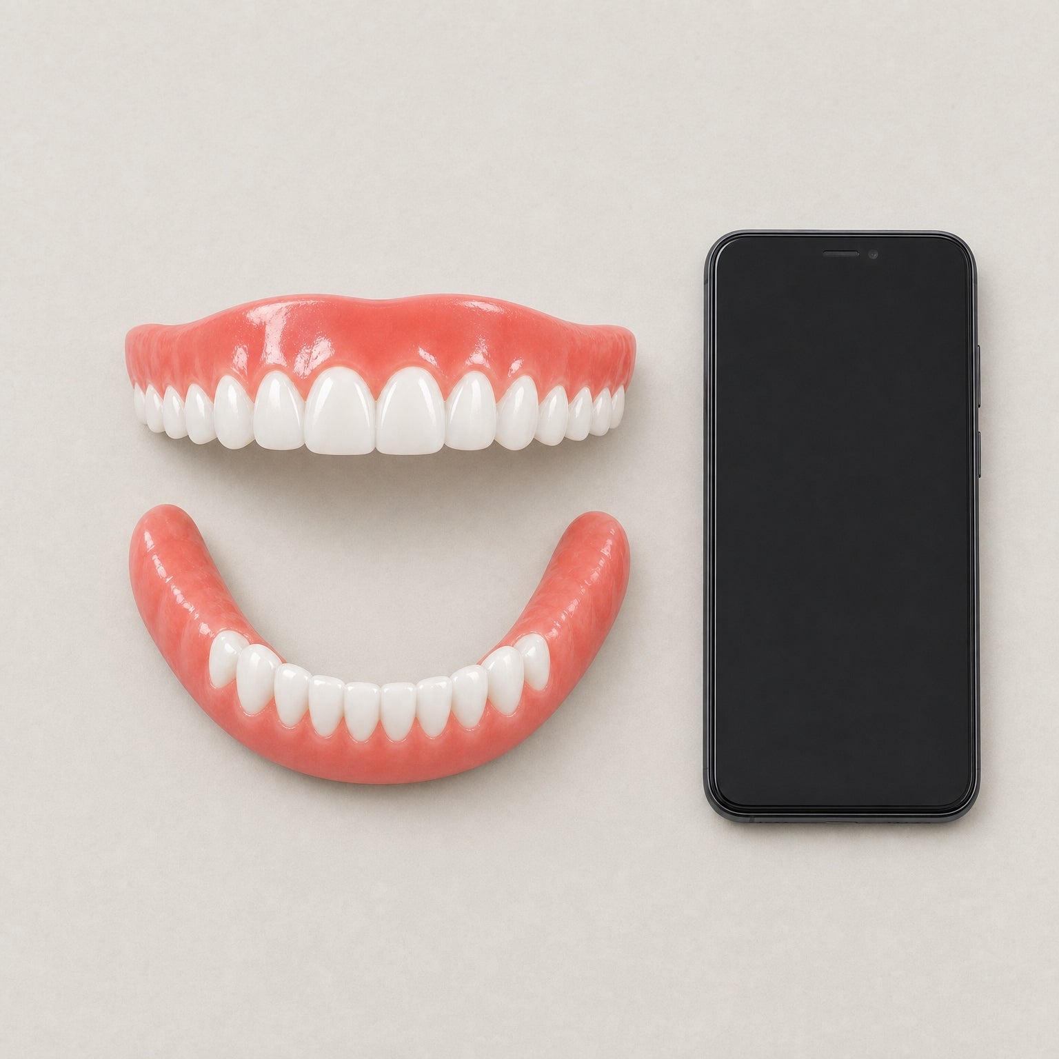 Snap-On Cosmetic Tooth Cover, Flexible Silicone Smile Cover for Photos & Events shown beside a smartphone for scale