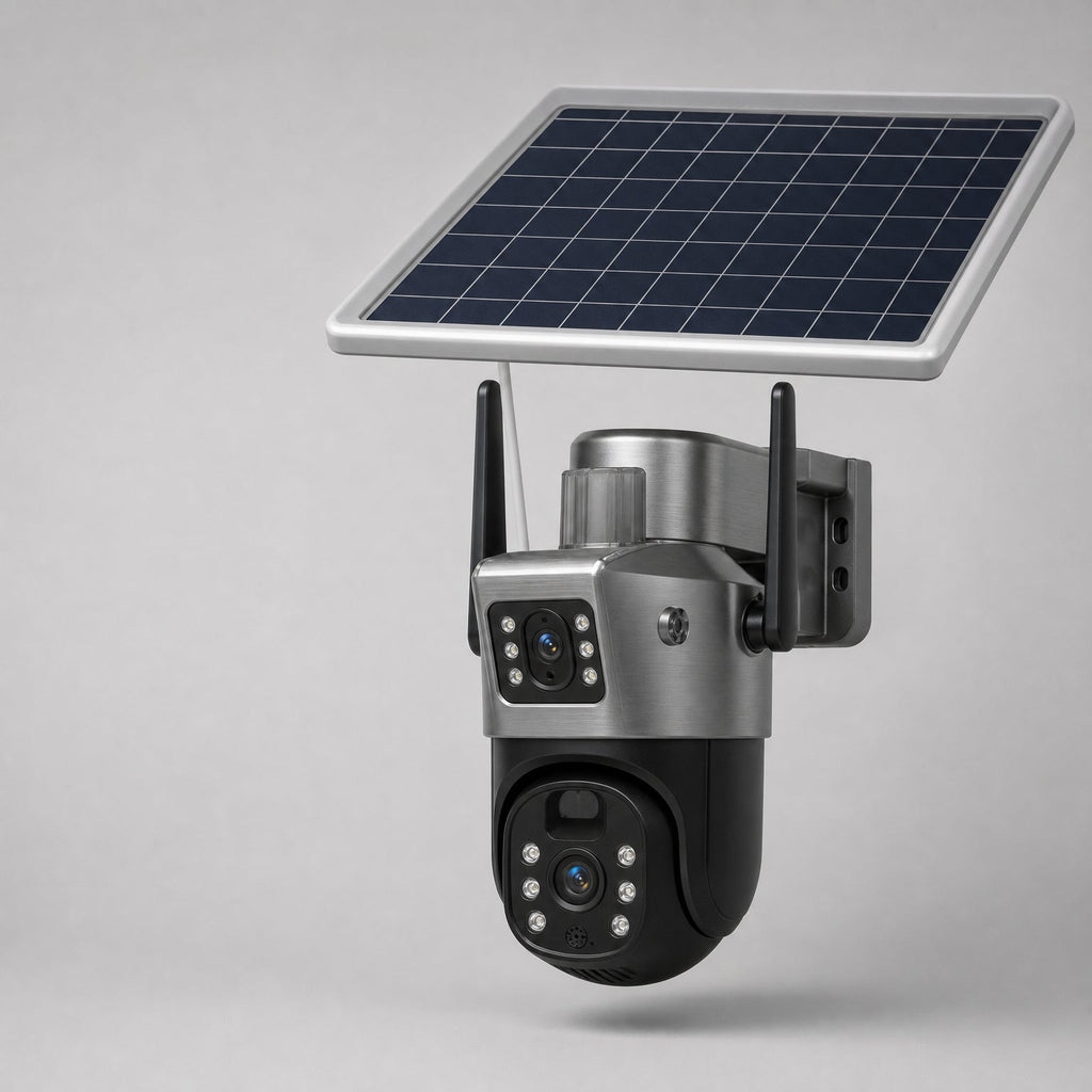 Solar Security Camera Wireless Outdoor, 4K 4G Camera with Night Vision & Solar Panel, side angle mounted on an exterior wall