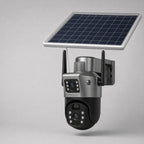 Solar Security Camera Wireless Outdoor, 4K 4G Camera with Night Vision & Solar Panel, side angle mounted on an exterior wall