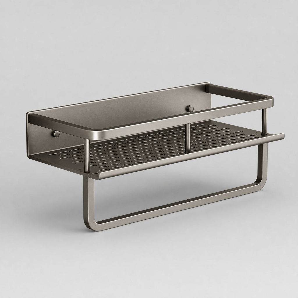 Bathroom Shelf with Towel Bar, Wall-Mounted Perforated Steel Shelf, second angle showing the full frame, perforated base and mounting studs