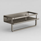 Bathroom Shelf with Towel Bar, Wall-Mounted Perforated Steel Shelf, second angle showing the full frame, perforated base and mounting studs