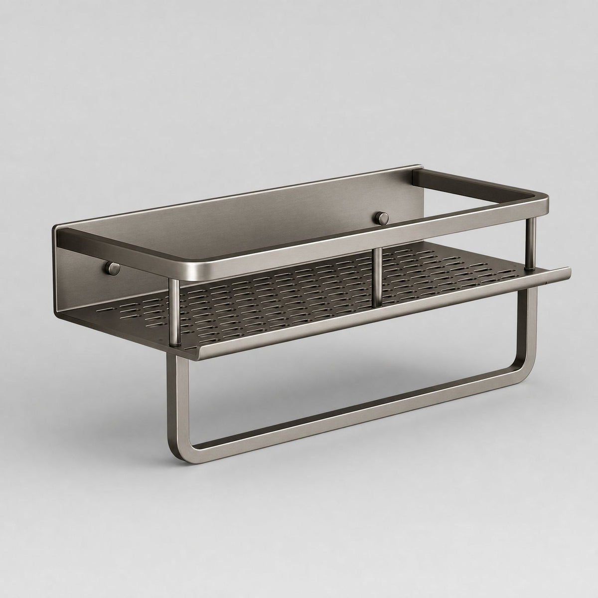Bathroom Shelf with Towel Bar, Wall-Mounted Perforated Steel Shelf, second angle showing the full frame, perforated base and mounting studs