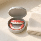 Snap-On Cosmetic Tooth Cover, Flexible Silicone Smile Cover for Photos & Events resting in an open travel case