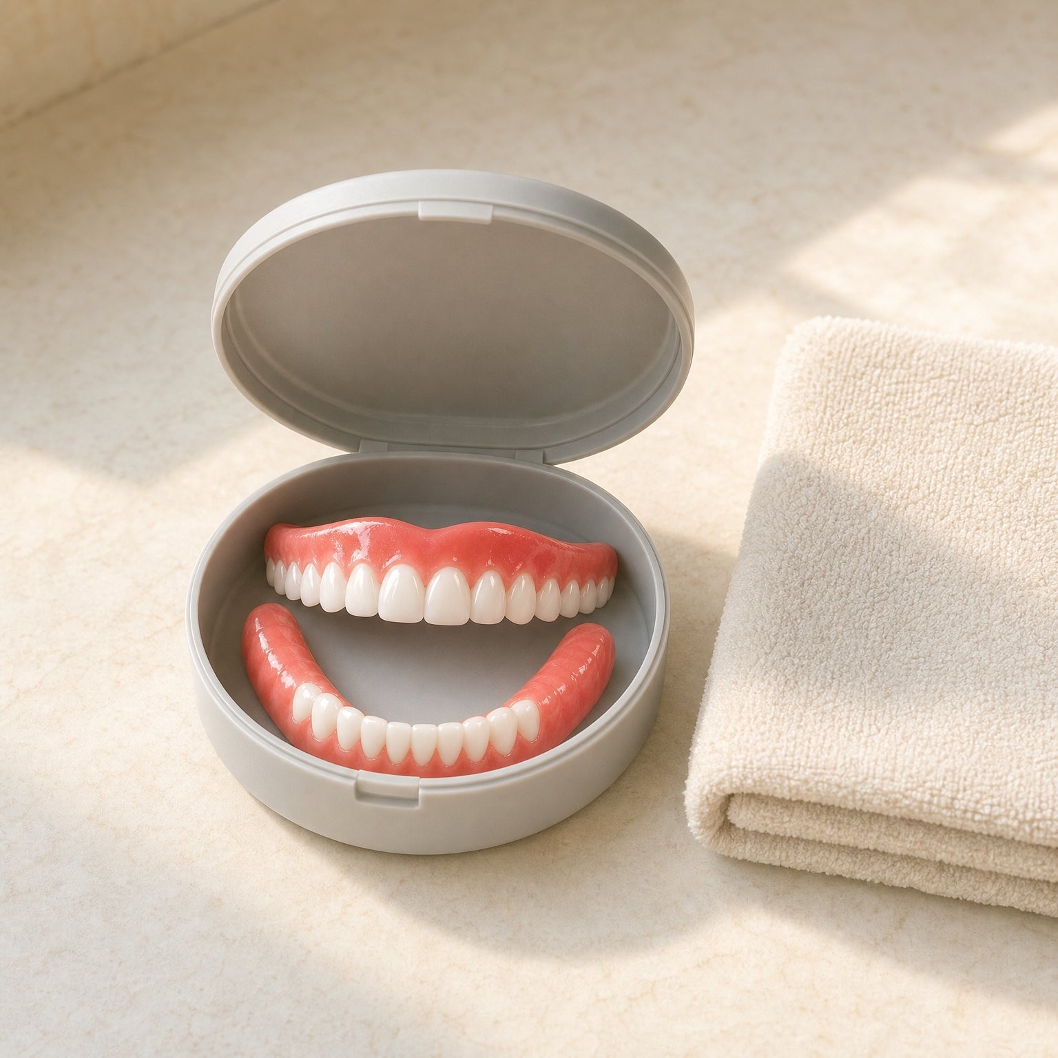 Snap-On Cosmetic Tooth Cover, Flexible Silicone Smile Cover for Photos & Events resting in an open travel case