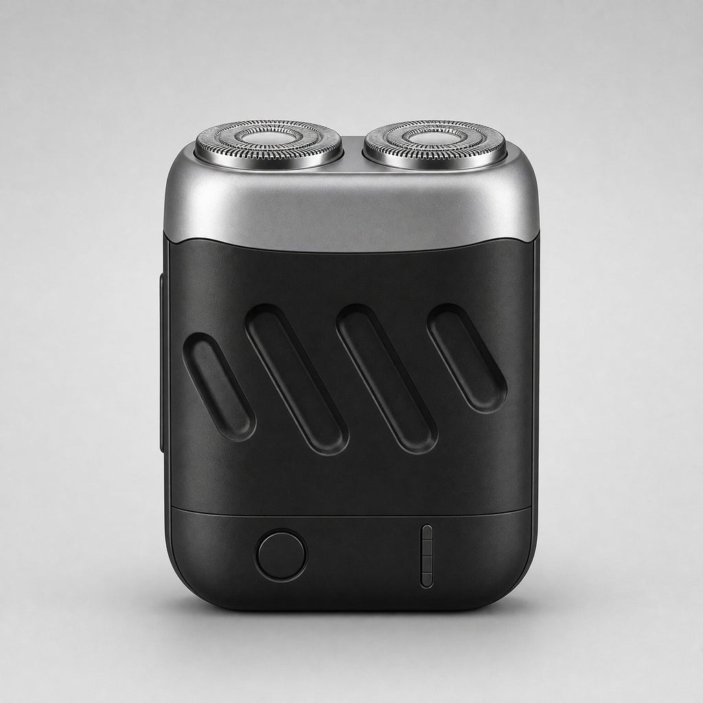 Rotary Electric Shaver for Men, Dual-Ring Blade Water-Resistant Grooming Razor, front-on view of the two rotary heads
