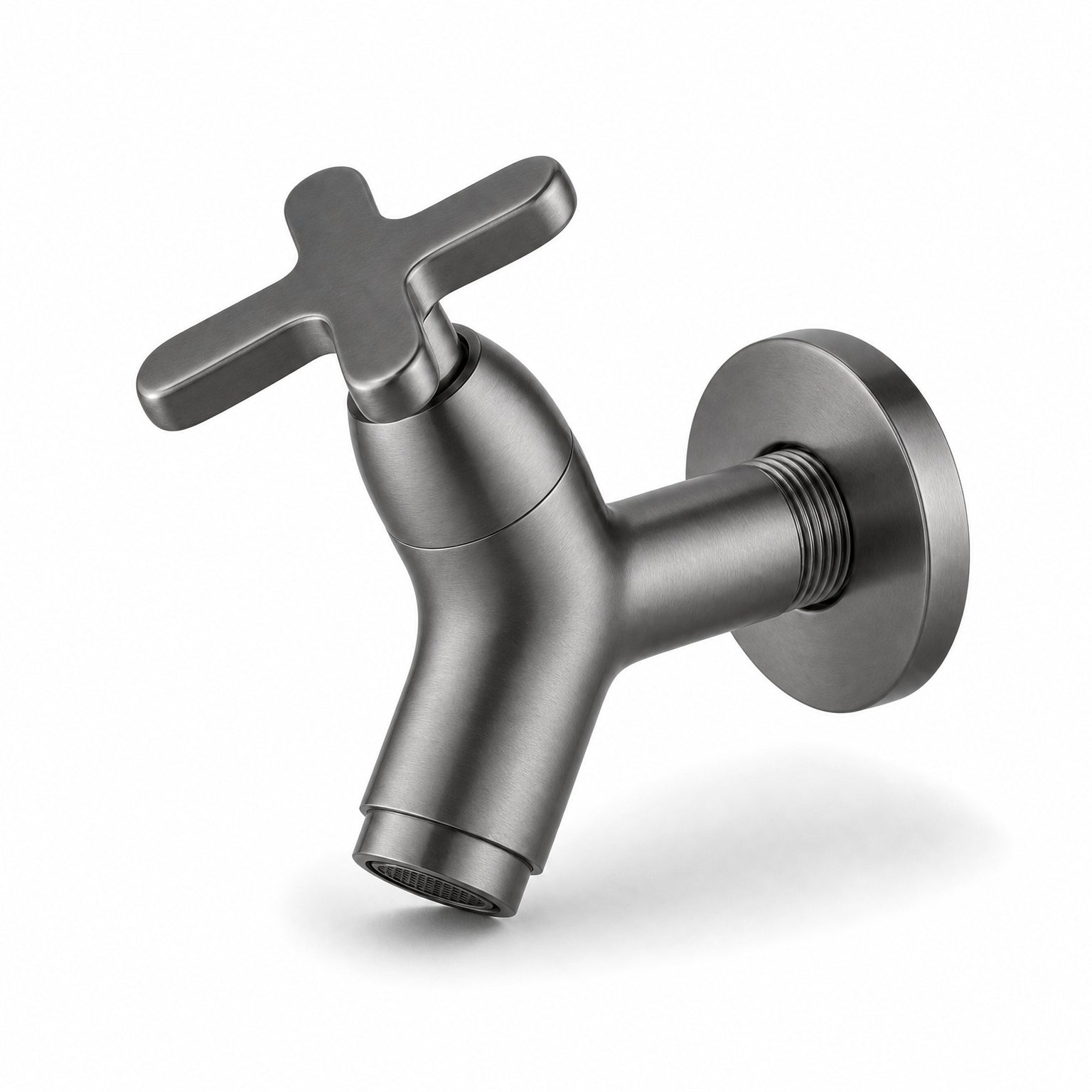 Wall Mounted Cold Water Tap, Solid Brass Single Faucet for Utility & Garden Sinks, three-quarter view showing the wall flange and threaded inlet