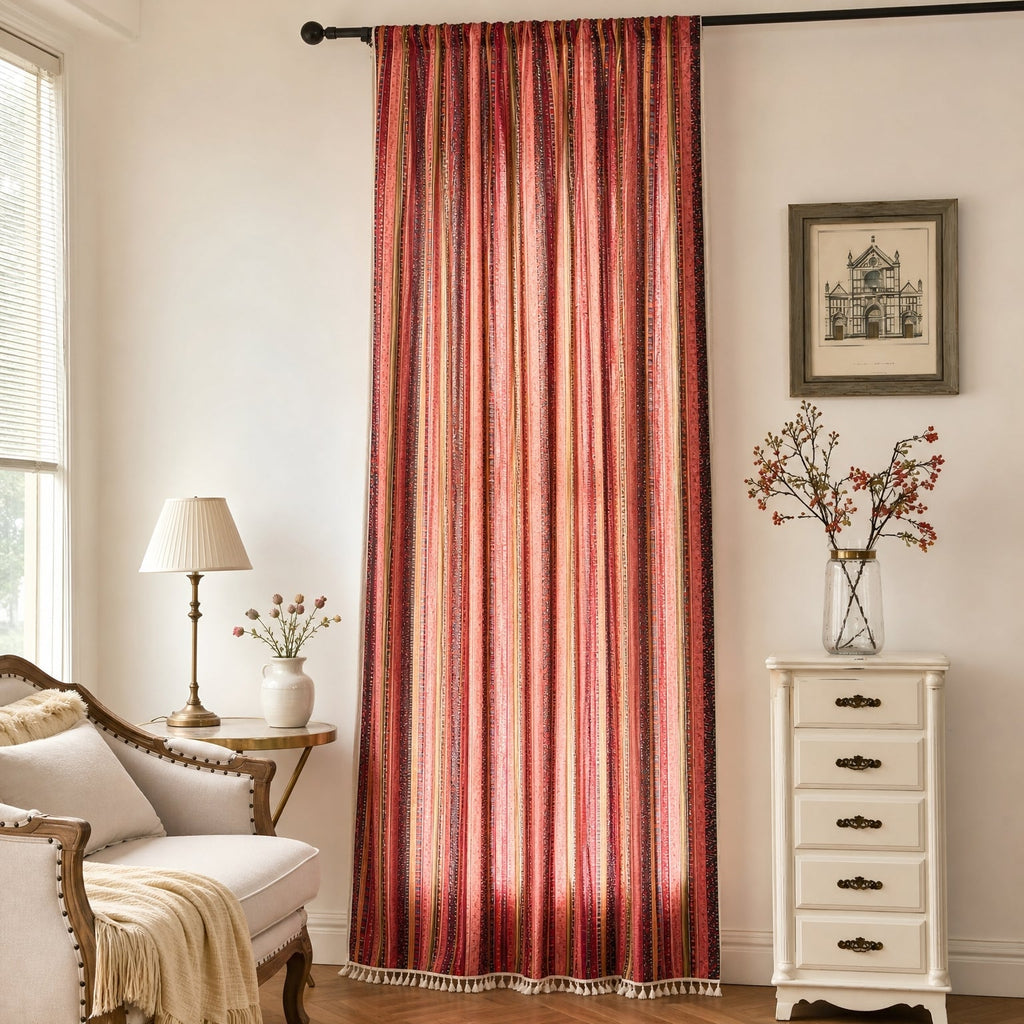 Boho Curtains Semi Blackout, Striped Tassel Curtain Panel for Living Room & Bedroom, hung floor-length in a softly styled living room