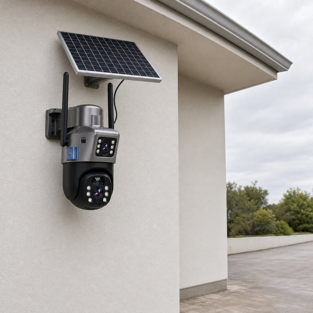 Solar Security Camera Wireless Outdoor, 4K 4G Camera with Night Vision & Solar Panel, mounted on an exterior wall above a driveway