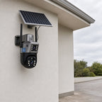 Solar Security Camera Wireless Outdoor, 4K 4G Camera with Night Vision & Solar Panel, mounted on an exterior wall above a driveway