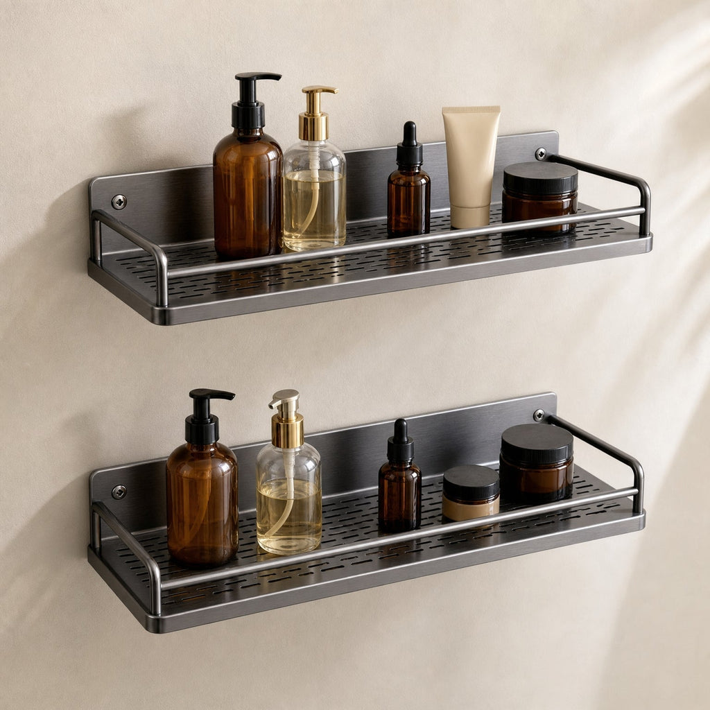 Bathroom Shelf with Towel Bar, Wall-Mounted Perforated Steel Shelf, two-piece set mounted one above the other on a bathroom wall