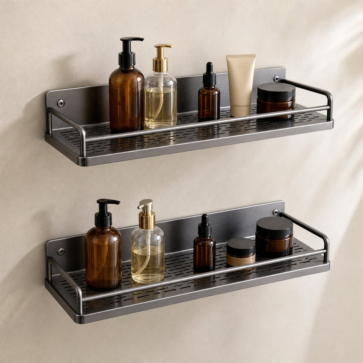 Bathroom Shelf with Towel Bar, Wall-Mounted Perforated Steel Shelf, two-piece set mounted one above the other on a bathroom wall