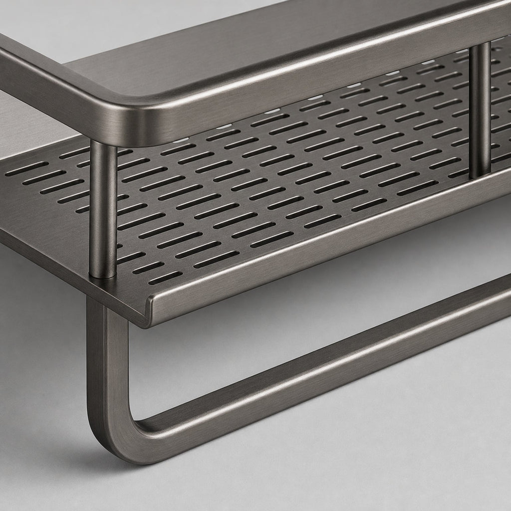 Close view of the Bathroom Shelf with Towel Bar, Wall-Mounted Perforated Steel Shelf's perforated drainage base and front rail junction