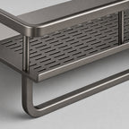 Close view of the Bathroom Shelf with Towel Bar, Wall-Mounted Perforated Steel Shelf's perforated drainage base and front rail junction