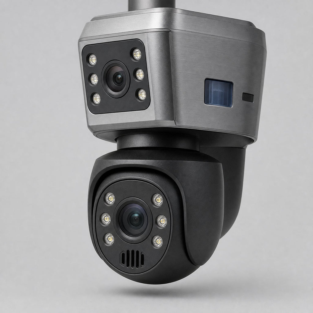 Solar Security Camera Wireless Outdoor, 4K 4G Camera with Night Vision & Solar Panel, close-up of the dual lens head