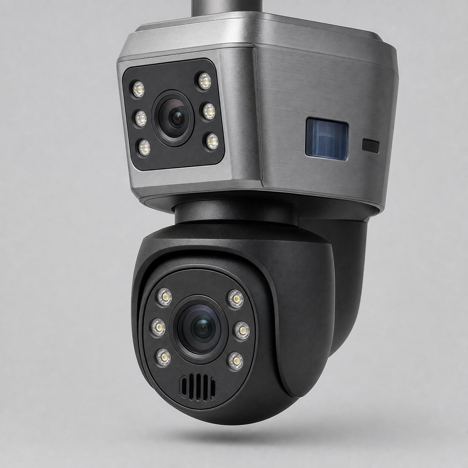 Solar Security Camera Wireless Outdoor, 4K 4G Camera with Night Vision & Solar Panel, close-up of the dual lens head