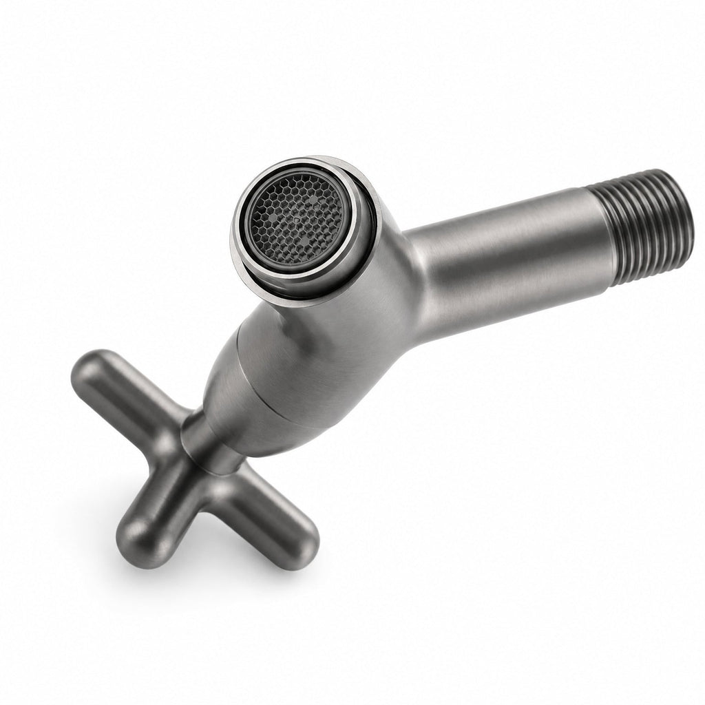 Wall Mounted Cold Water Tap, Solid Brass Single Faucet for Utility & Garden Sinks, close view of the cross handle and the aerated outlet