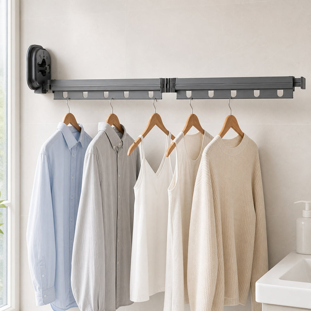 Suction Cup Drying Rack, No-Drill Telescopic Wall Rail for Laundry mounted in a bathroom with garments hanging from the extended rail