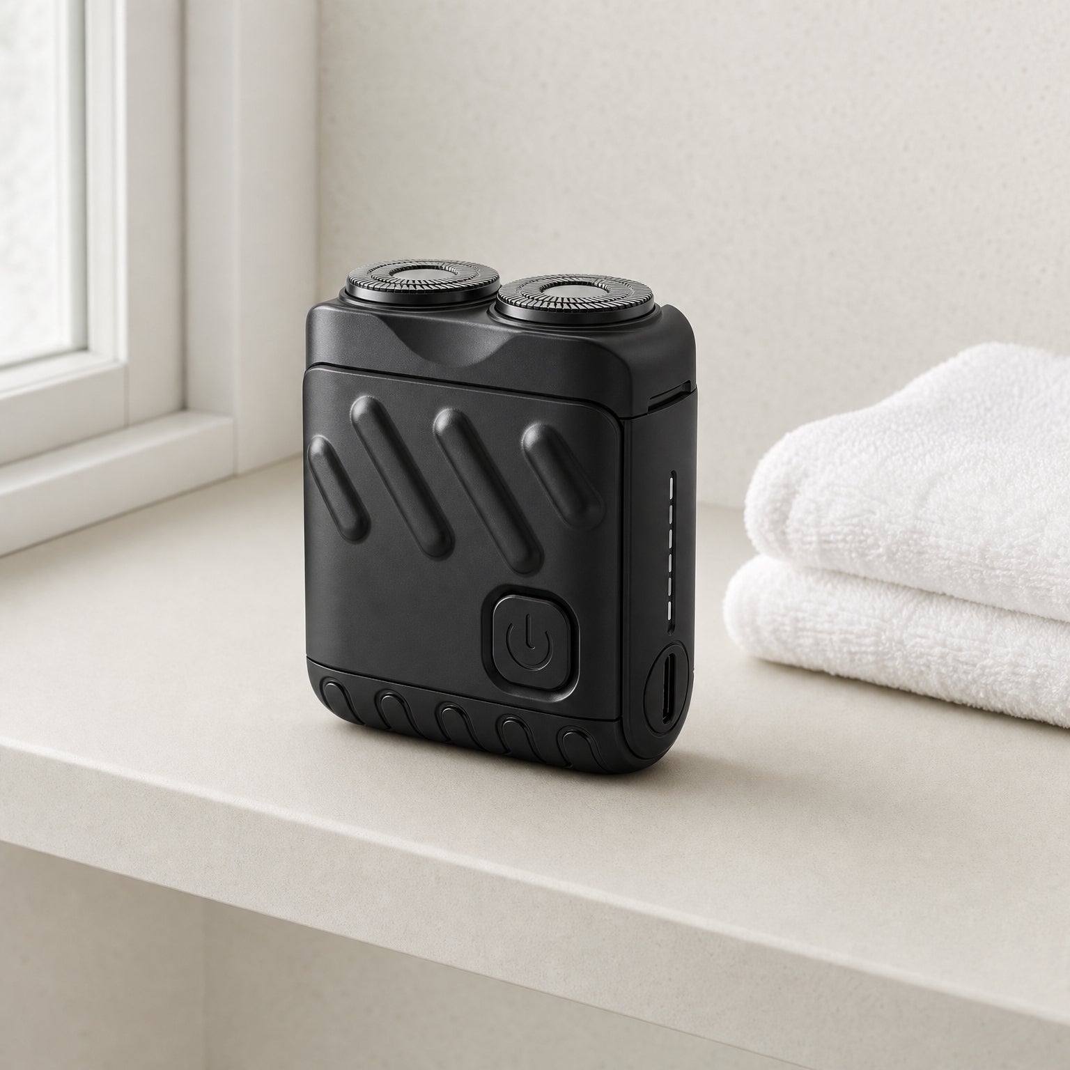 Rotary Electric Shaver for Men, Dual-Ring Blade Water-Resistant Grooming Razor, shown beside a folded towel for scale