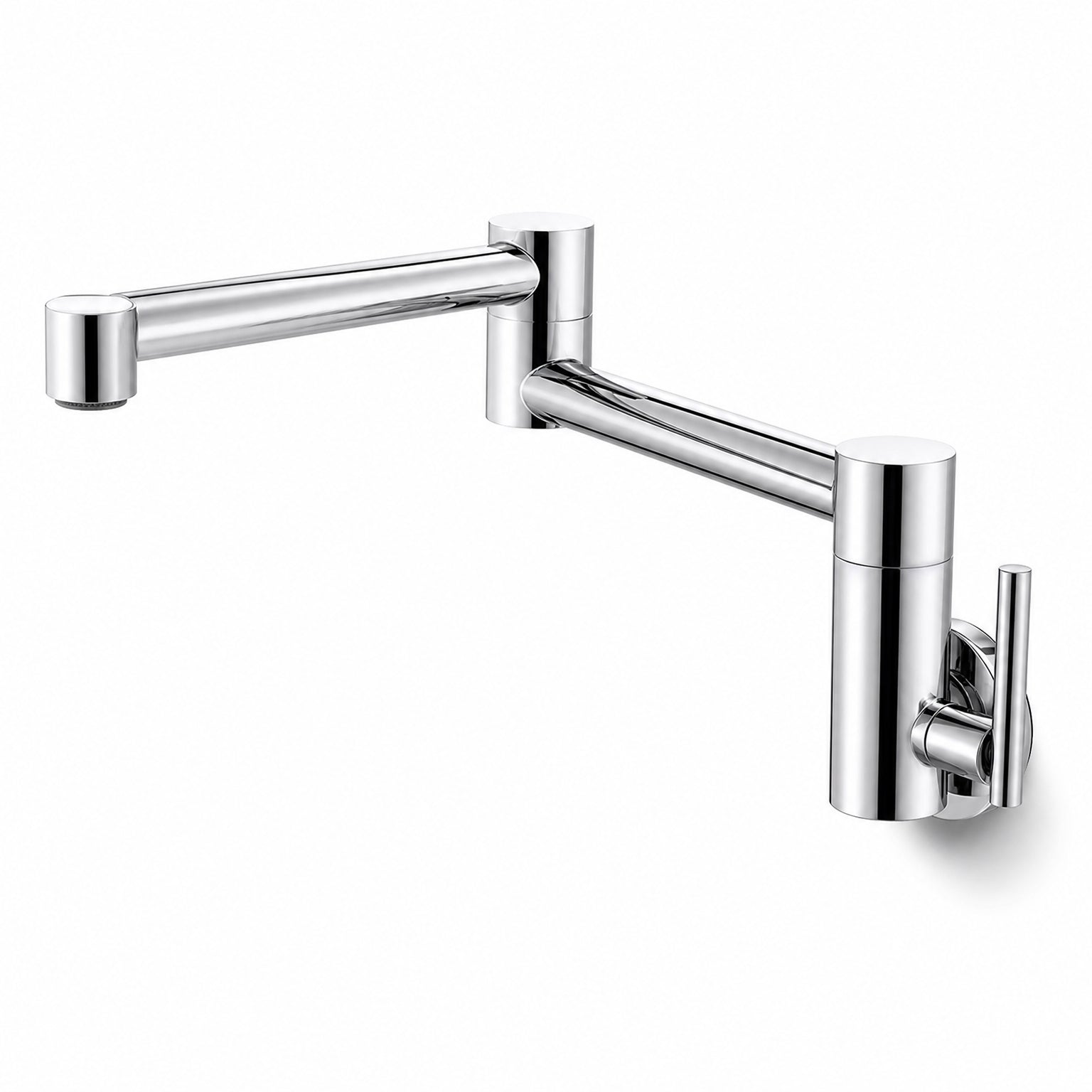 Pot Filler Faucet Wall Mount, Folding Kitchen Tap with Swivel Spout, 5 Finishes fully extended, showing both folding joints along the arm