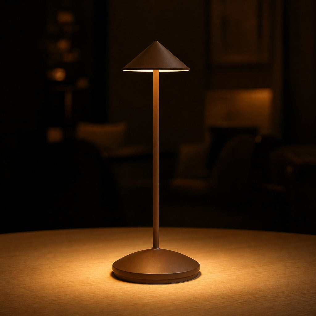 Rechargeable Touch Table Lamp, Cordless LED Desk Light for Dining, Bar & Bedside, lit and glowing on an evening dining table