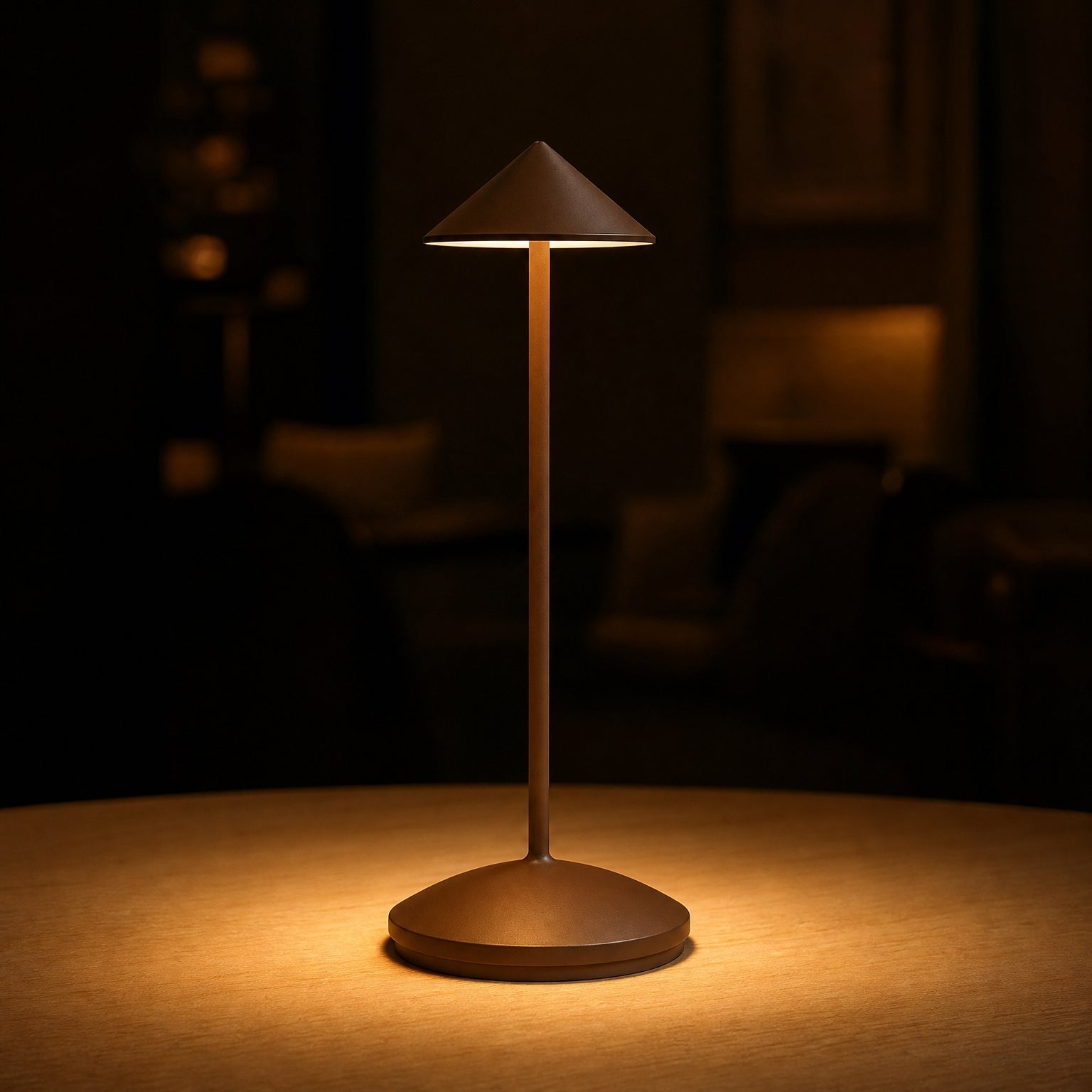 Rechargeable Touch Table Lamp, Cordless LED Desk Light for Dining, Bar & Bedside, lit and glowing on an evening dining table
