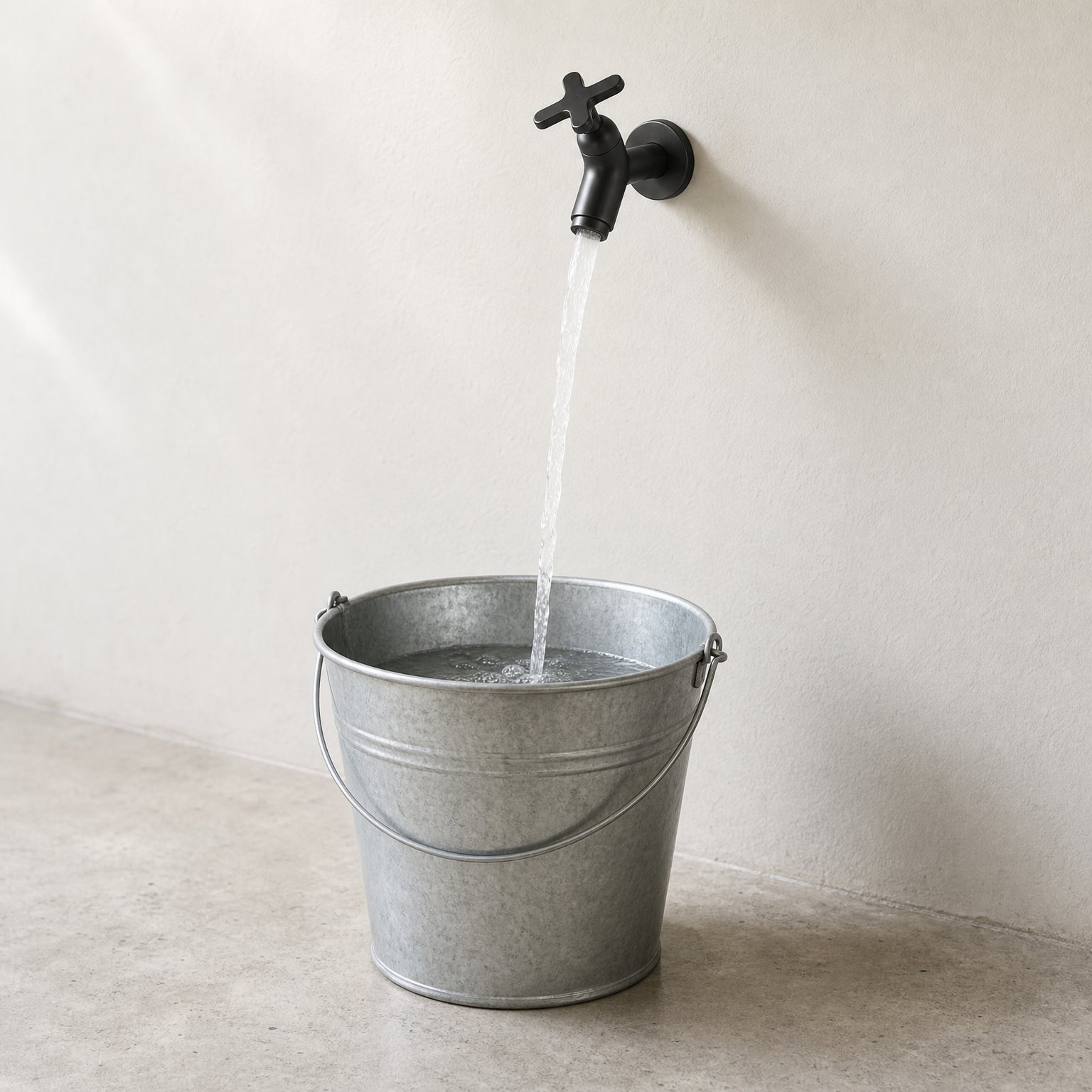 Wall Mounted Cold Water Tap, Solid Brass Single Faucet for Utility & Garden Sinks running, filling a galvanised bucket below