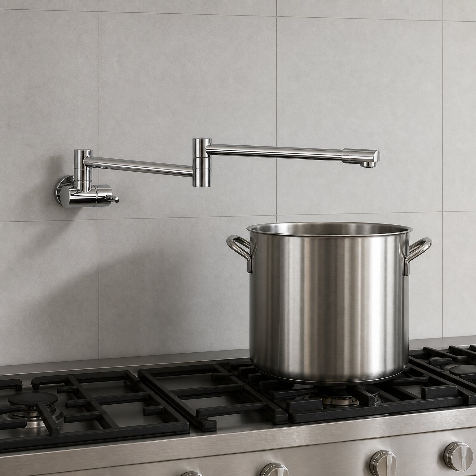 Pot Filler Faucet Wall Mount, Folding Kitchen Tap with Swivel Spout, 5 Finishes extended over a stockpot on a five burner cooktop, showing its reach