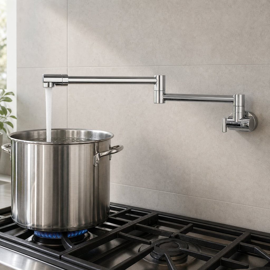 Pot Filler Faucet Wall Mount, Folding Kitchen Tap with Swivel Spout, 5 Finishes mounted above a gas cooktop, filling a stainless stockpot