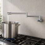 Pot Filler Faucet Wall Mount, Folding Kitchen Tap with Swivel Spout, 5 Finishes mounted above a gas cooktop, filling a stainless stockpot