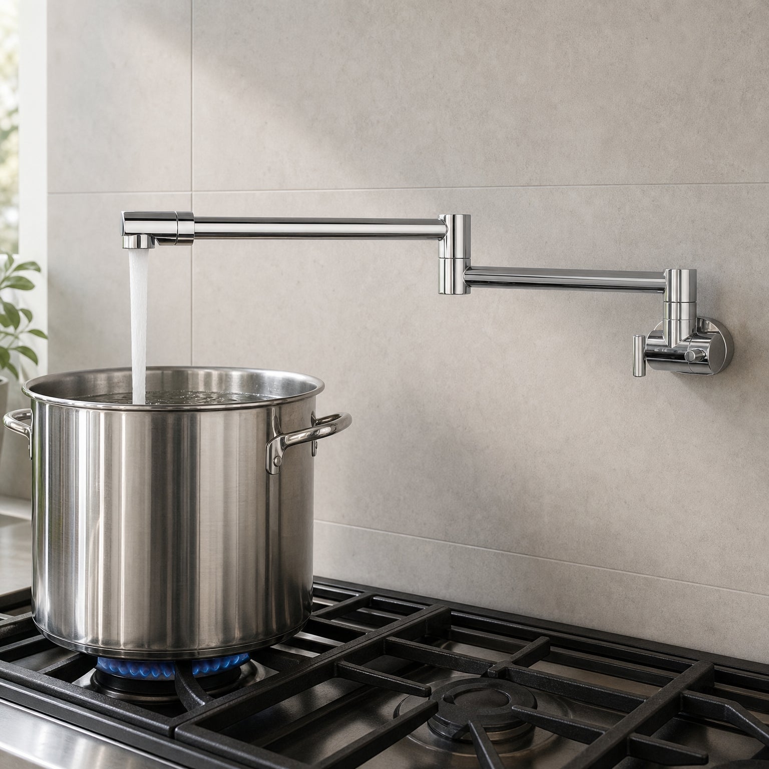 Pot Filler Faucet Wall Mount, Folding Kitchen Tap with Swivel Spout, 5 Finishes mounted above a gas cooktop, filling a stainless stockpot