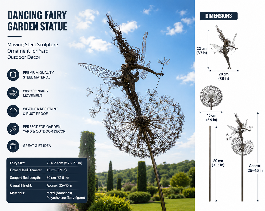 Dancing Fairy Garden Statue, Moving Steel Sculpture Ornament for Yard & Outdoor Decor