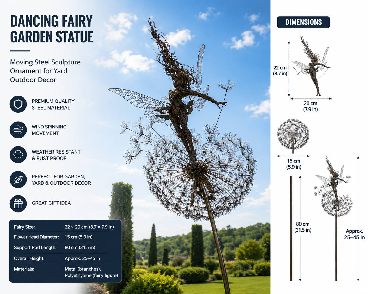 Dancing Fairy Garden Statue, Moving Steel Sculpture Ornament for Yard & Outdoor Decor