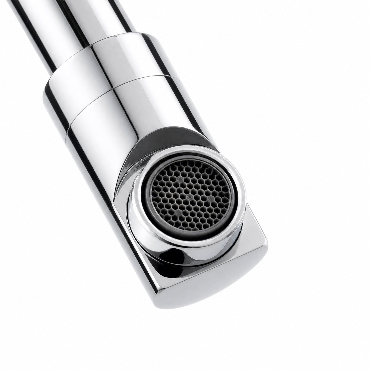 Close view of the switchable spout tip and aerator face on the Pot Filler Faucet Wall Mount, Folding Kitchen Tap with Swivel Spout, 5 Finishes