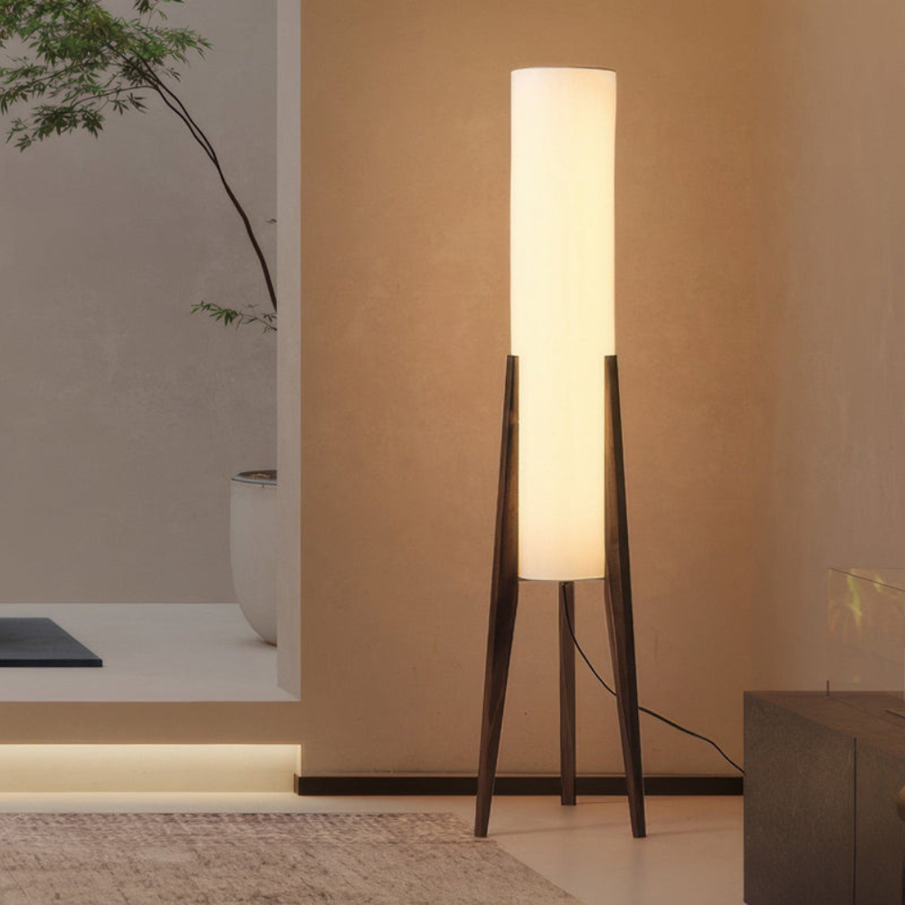 Modern sculptural floor lamp with bamboo and wood detailing front view