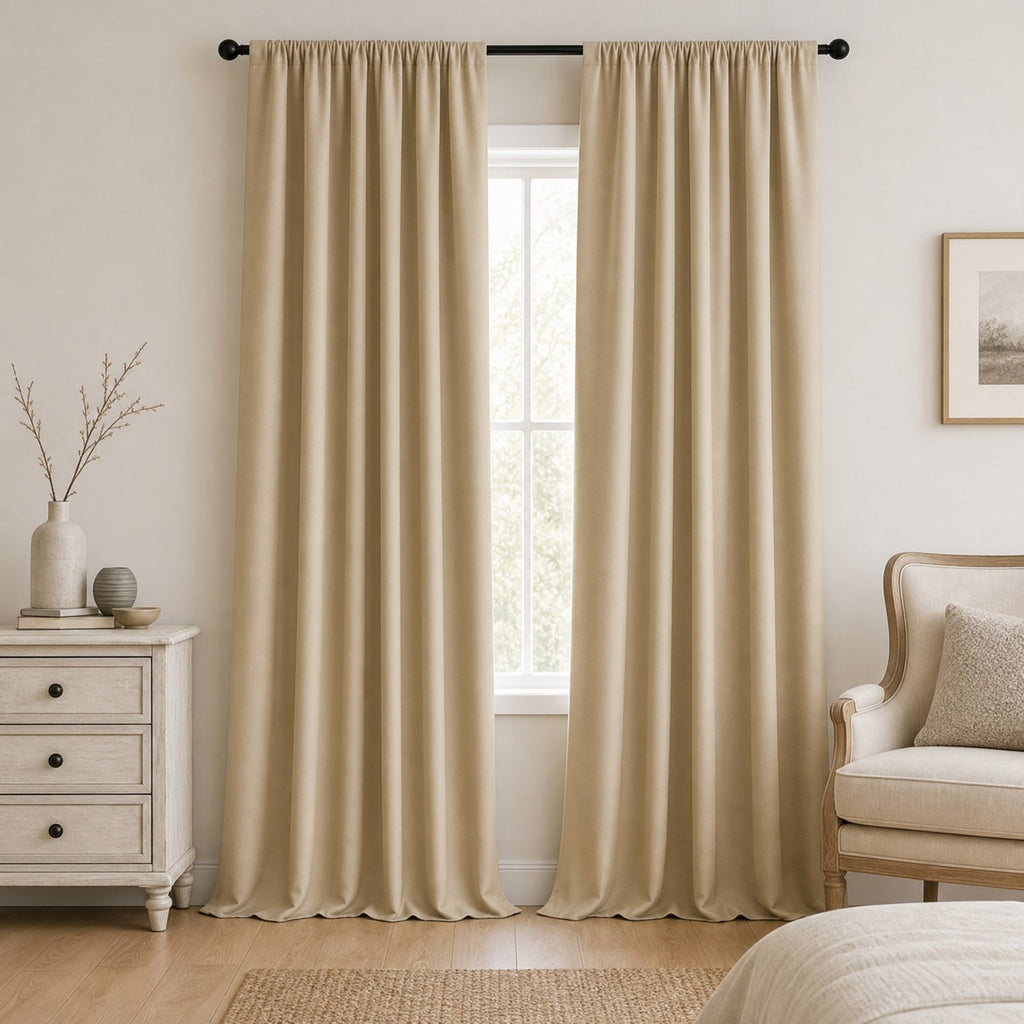 Thermal Blackout Curtains for Bedroom & Living Room, Rod Pocket Insulated Panels, Pair, hung in a softly styled bedroom