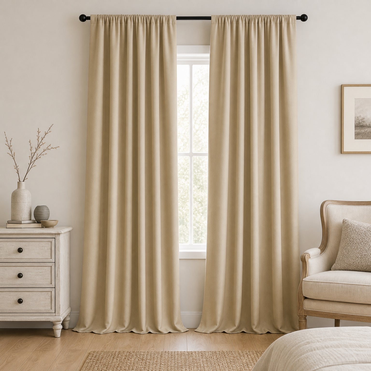 Thermal Blackout Curtains for Bedroom & Living Room, Rod Pocket Insulated Panels, Pair, hung in a softly styled bedroom