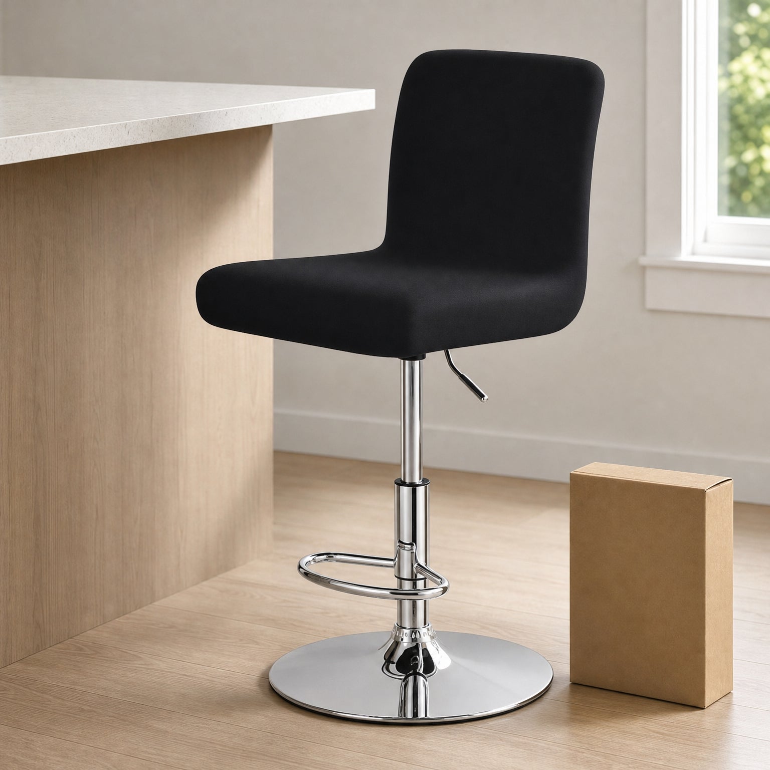 Stretch Bar Stool Covers, Waterproof Elastic Seat Slipcover for Round & Square Stools at a kitchen counter beside a cereal box, showing seat height