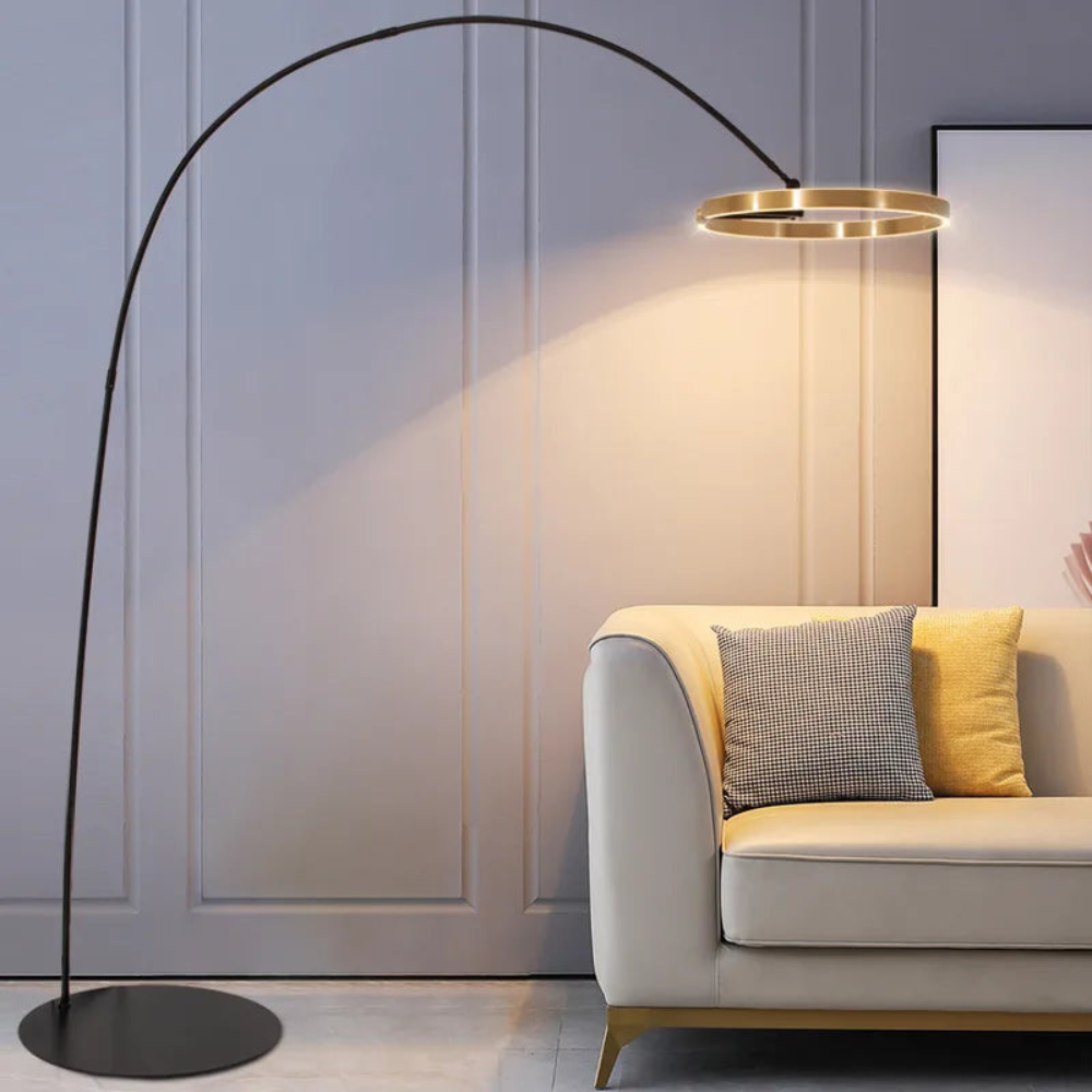 Modern LED floor lamp with curved arc design front view