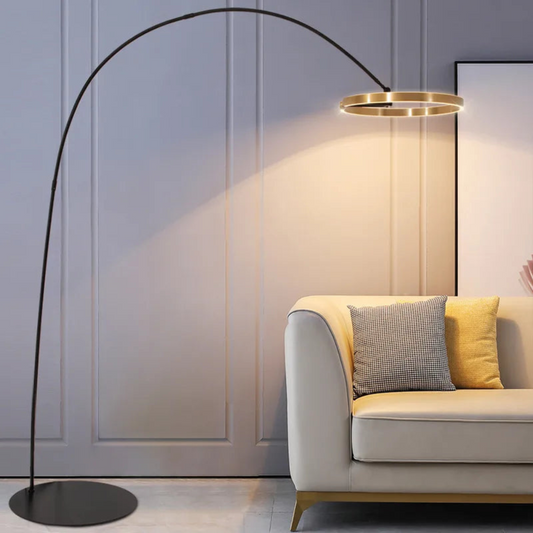 Modern LED floor lamp with curved arc design front view