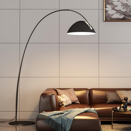Elegant black floor lamp with curved arch structure front view