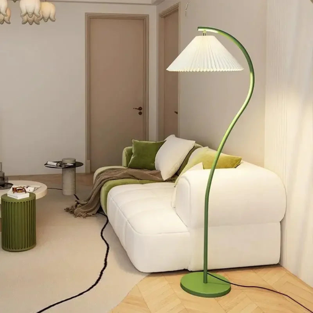 Modern LED floor lamp with pleated fabric shade front view