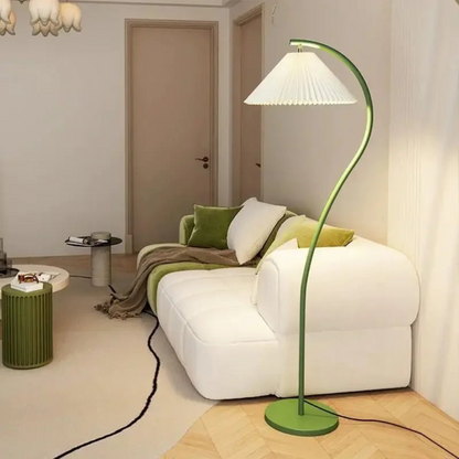 Modern LED floor lamp with pleated fabric shade front view