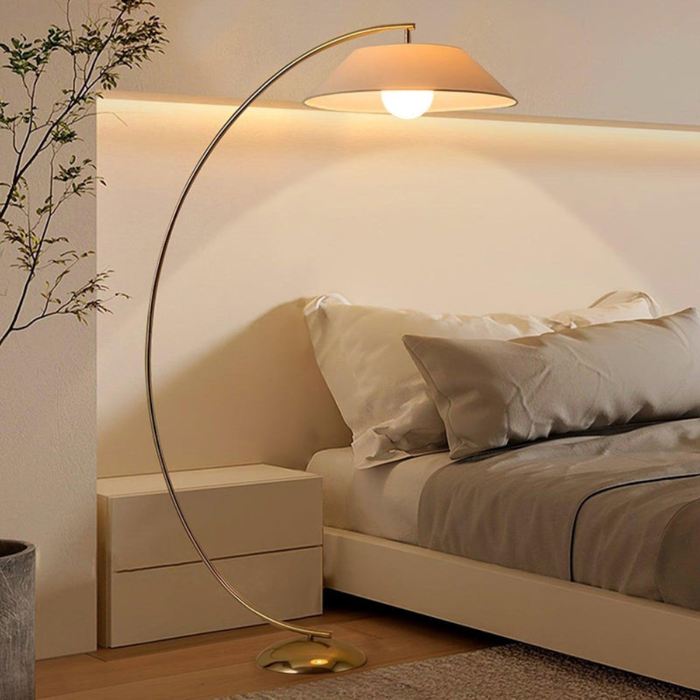 Modern floor lamp flowing arc design studio view