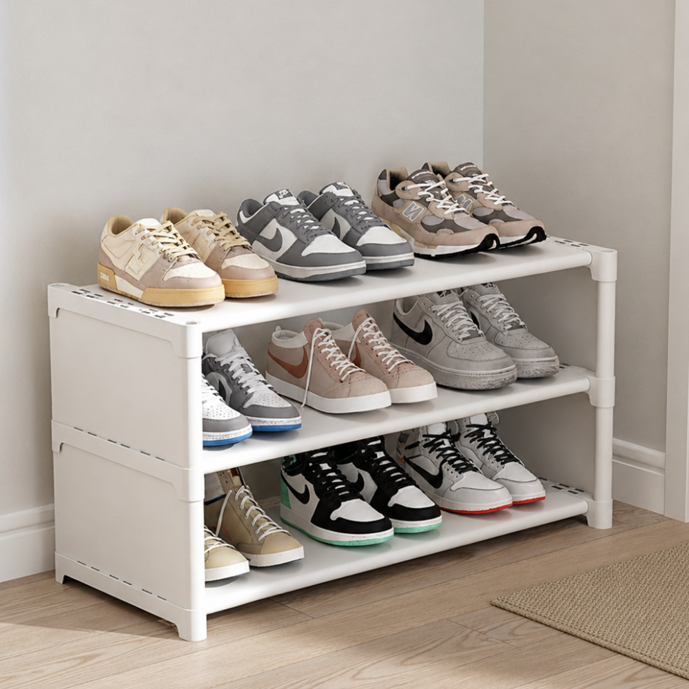 Shoe storage organizer front view with three tiers and durable design