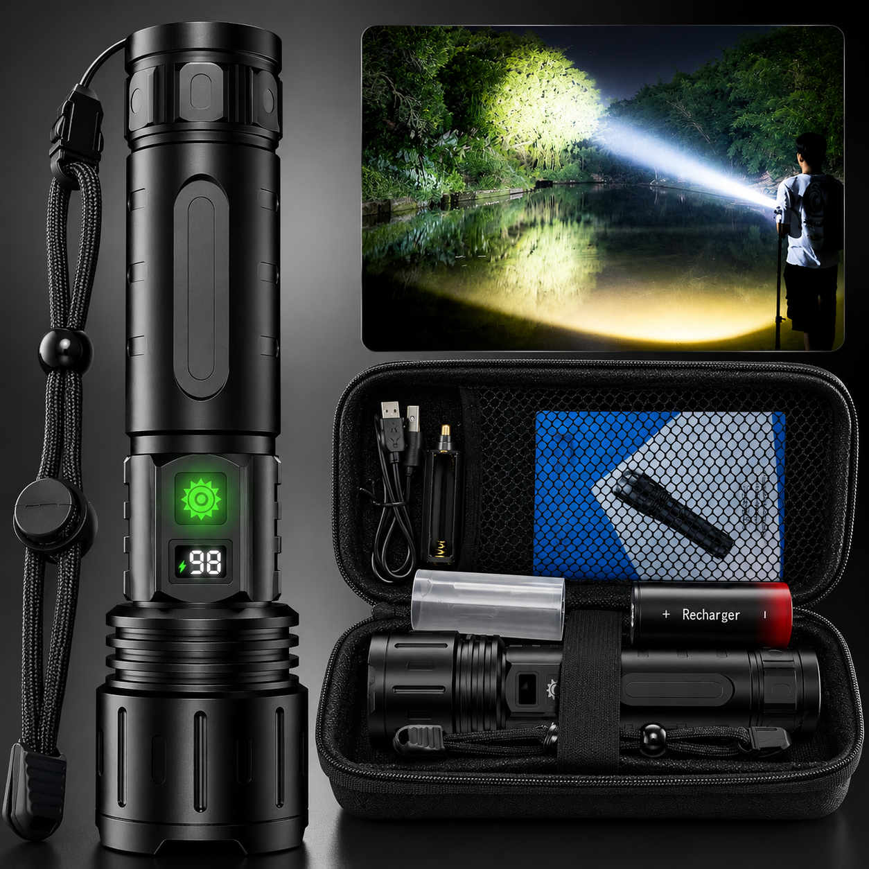 High-Power LED Flashlight 100,000 Lumens, Rechargeable Long-Range Torch for Camping & Outdoor