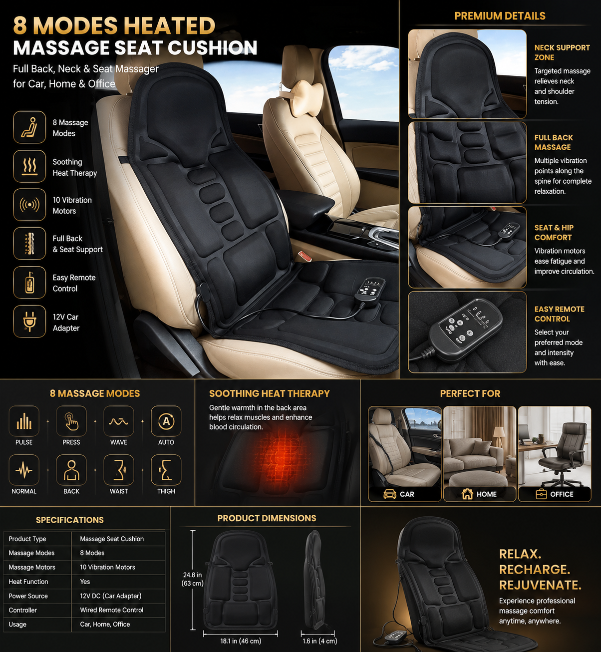 Massage Seat Cushion 8 Modes, Heated Back & Neck Massager Pad for Car, Home & Office