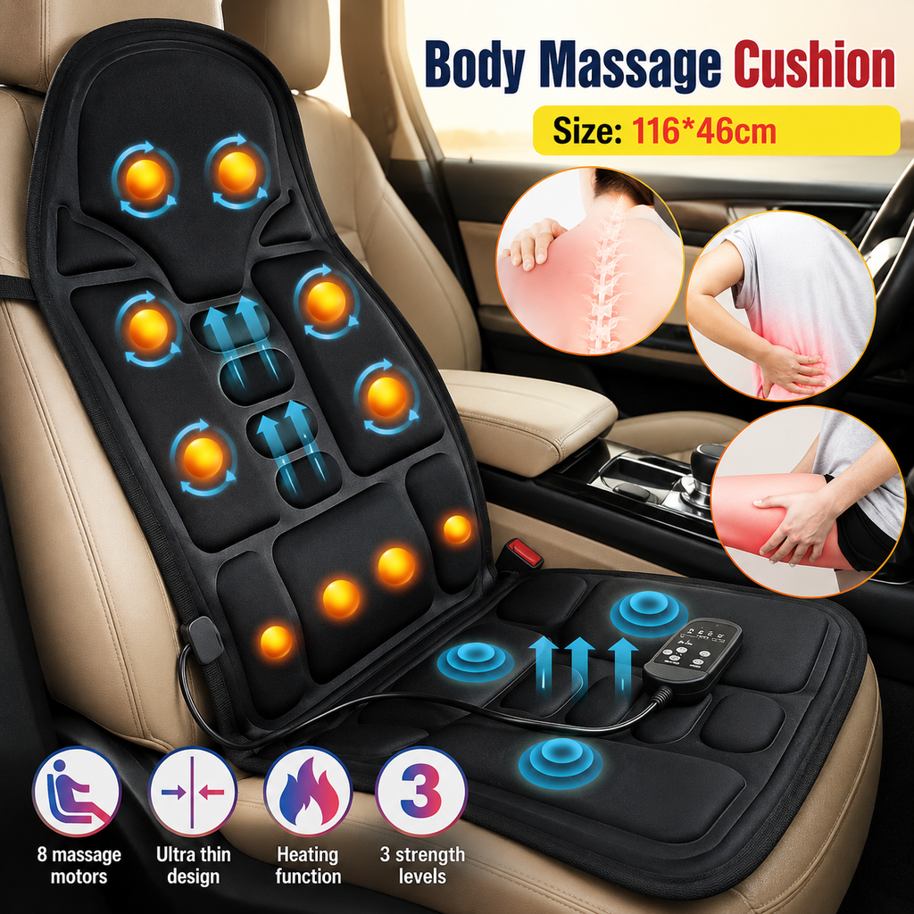 Massage Seat Cushion 8 Modes, Heated Back & Neck Massager Pad for Car, Home & Office