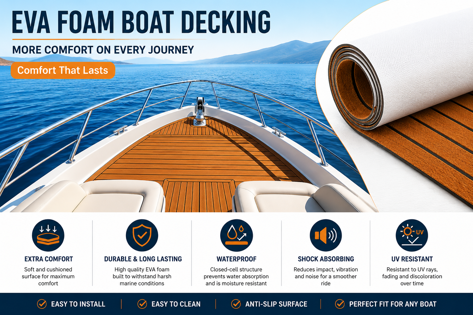 EVA Boat Flooring Sheet, Self-Adhesive Teak Look Marine Deck Pad, Non-Slip
